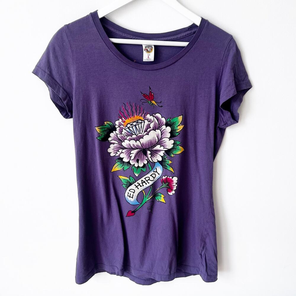 Ed Hardy Shirt Purple Flower Size L Tattoo Vintage Y2K Made in USA Gem Butterfly